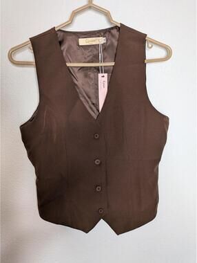 Qinsen Brown Tailored Vest Women’s Size M Minimalist Office Siren Waistcoat